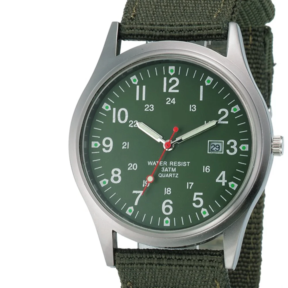 1pc Military Green Canvas Band Quartz Movement Calendar Function Men'S Fashion Wristwatch Durable Male Timepiece