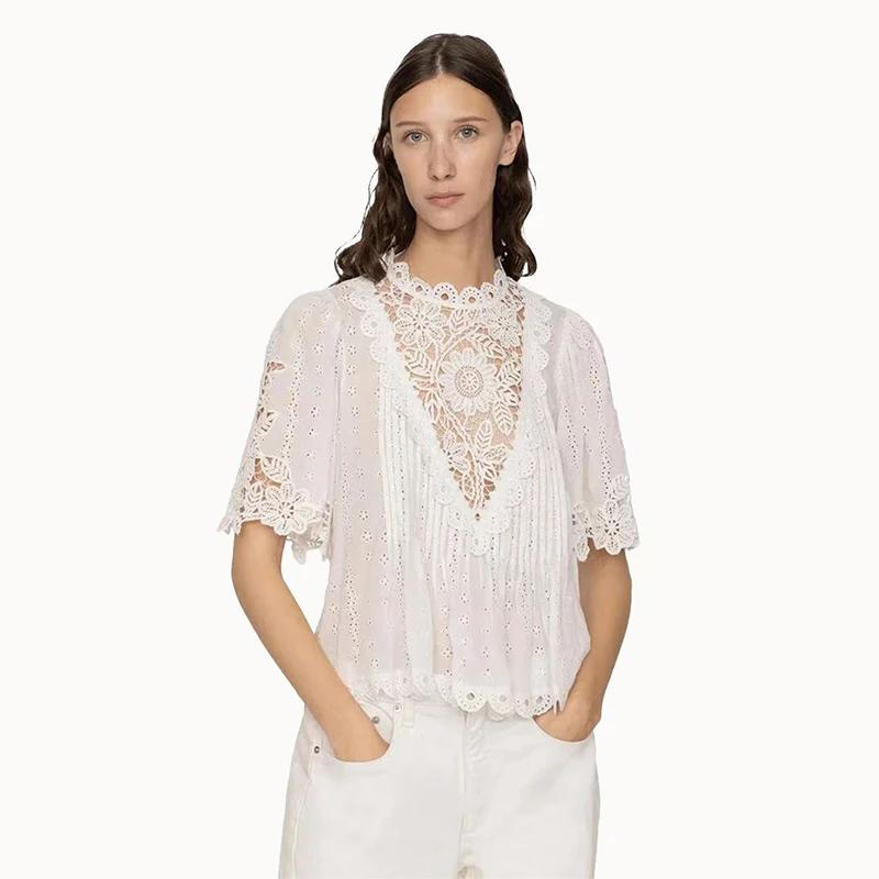 

Romantic Heavy Work Sunflower Hollow out Garter Hook Knitted Summer Top White Overhead Loose Fit Princess Sleeve Cotton Shirt