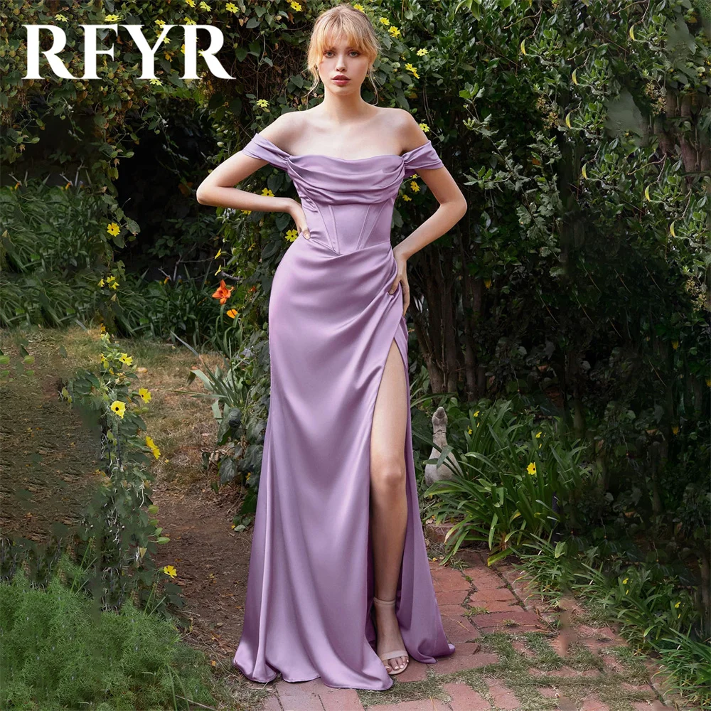 

RFYR Purple Evening Dresses for Party Off the Shoulder Pleats Satin Scoop Mermaid Prom Gowns Split Celebrity Dresses Customized