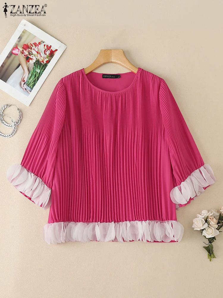 

ZANZEA женская лоскутная корейская блузка, осенние стильные топы с рукавами 3/4, повседневные свободные рубашки, элегантная офисная уличная одежда Blusas 2025
