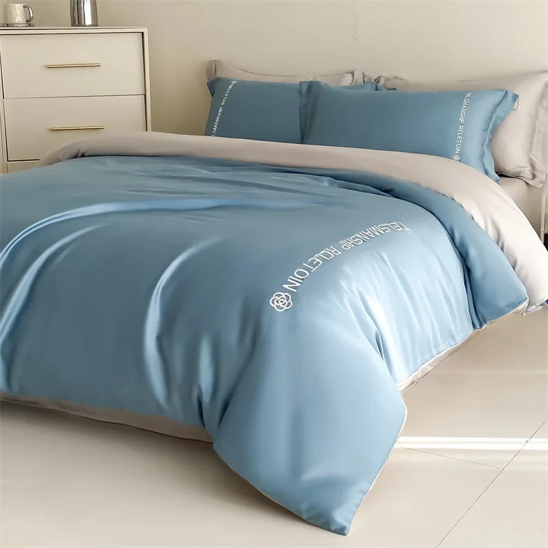 

100% Cotton Embroidery Solid Bedding Sets High-End 4Pcs Pure Cotton Skin-Friendly Cozy Duvet Cover Kit Double Bed Bedclothes