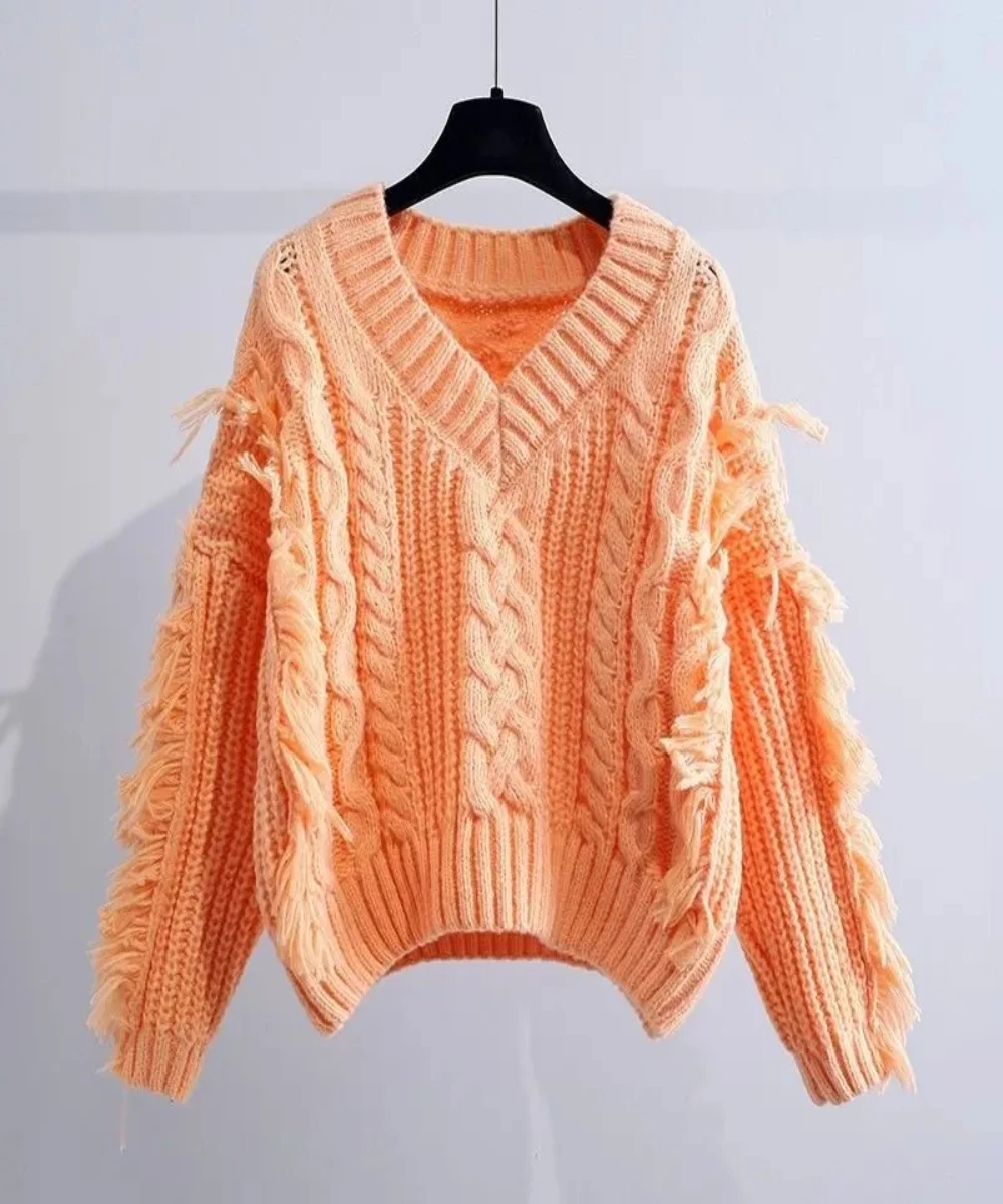 

Lazy Women ClothingShort V Neck Loose Tassel Casual Pullovers Top Autumn Winter Long Sleeve All-match Korean Sweaters Fashion