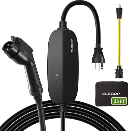 

ELEGRP Level 1/2 EV Charger 16A, 25FT Cable, J1772, 110V-240V, NEMA 6-20 & 5-15 Adapter, PBE & LRC Tech