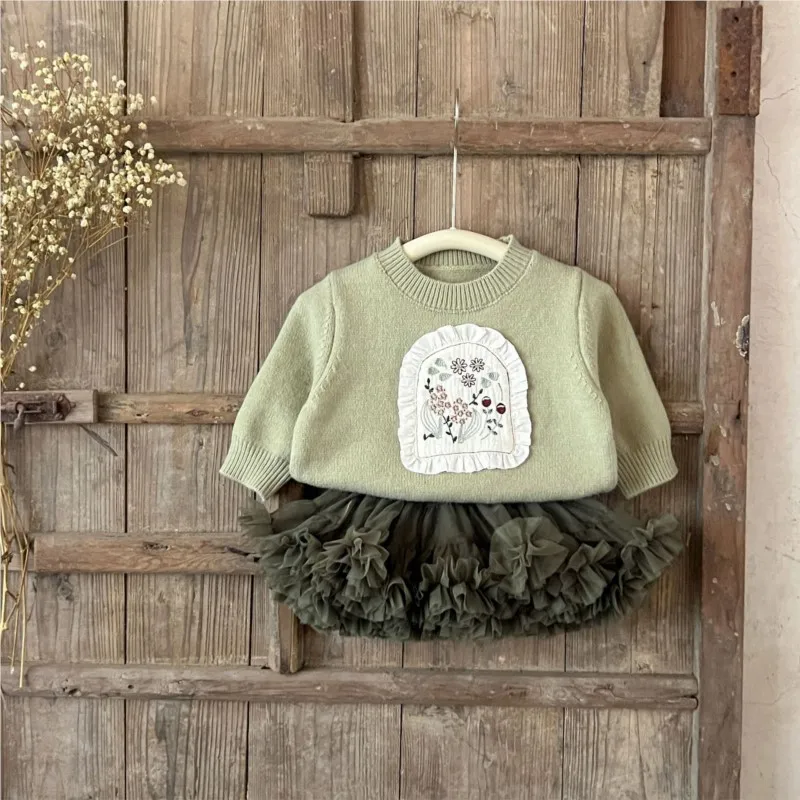 Newborn Baby Girl Cotton Princess Clothes Set Green Embroidery Sweater+Lace Tutu Dress Party Birthday Autumn Baby Clothes 9M-2T