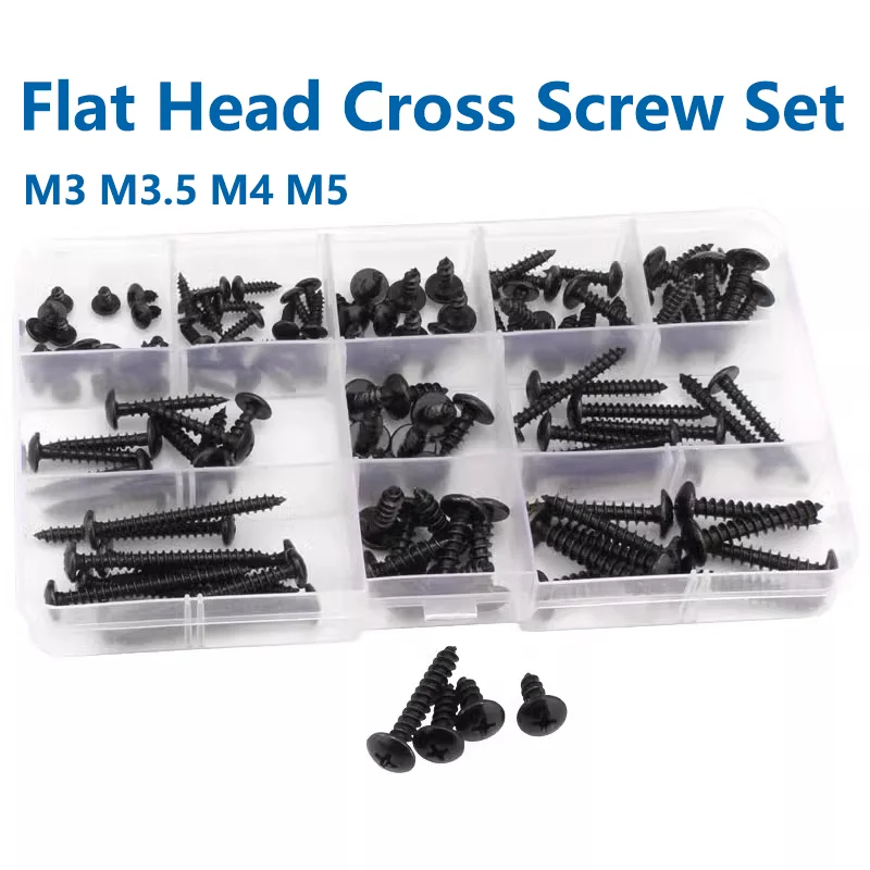 340pcs/Box black Flat Head Cross Carbon Steel Self-Tapping Screw M3 M3.5 M4 M5