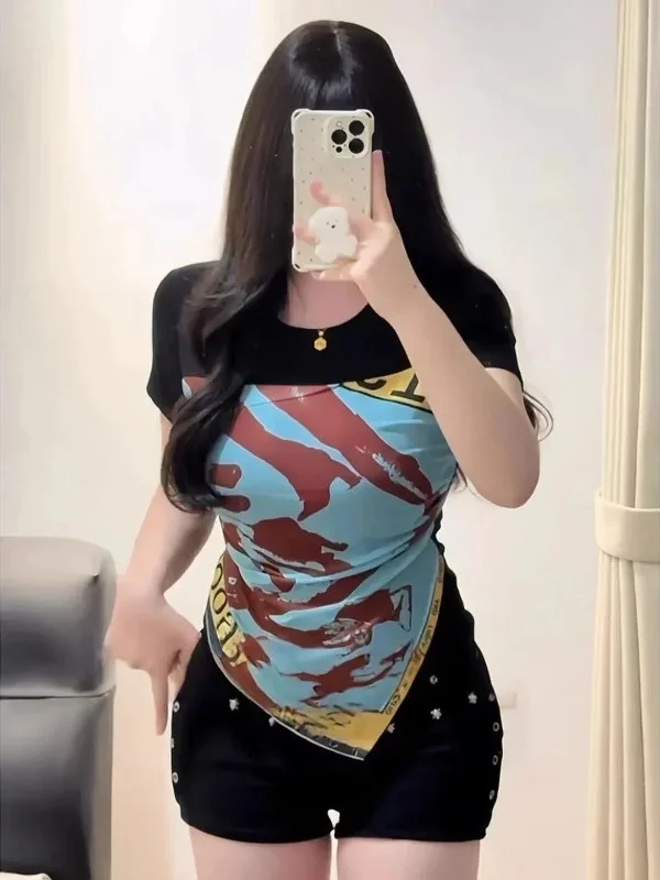 Summer 2026 Irregular Design Sense Printed Short Sleeve round Neck T-Shirt plus Size Fashionable Versatile Graffiti Patchwork