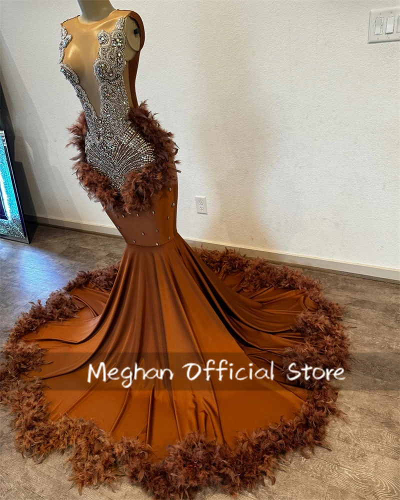 Brown Long Prom Dresses For Black Girls Bead Crystal 2024 Birthday Luxury Dress Feather Graduation Gown Customized