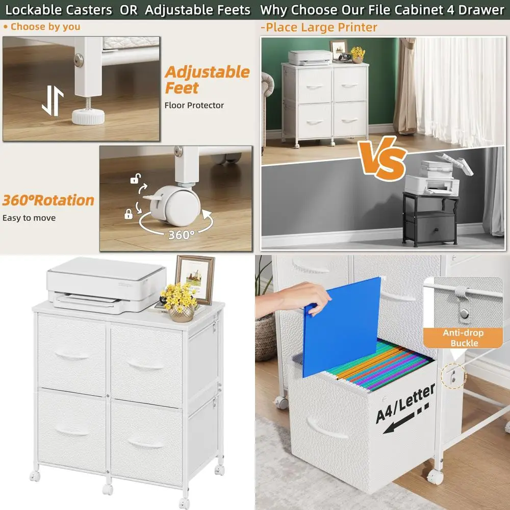 

White Mobile 4-Drawer File Cabinet with Printer Stand, Suitable for Letter/A4, Ideal for Home and Small Office Storage