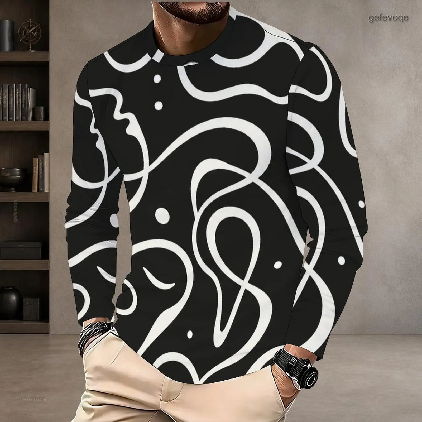 Men Abstract Curved Line Printed Round Neck Long Sleeve Pullover T-shirt White Black Golden Beige Gray