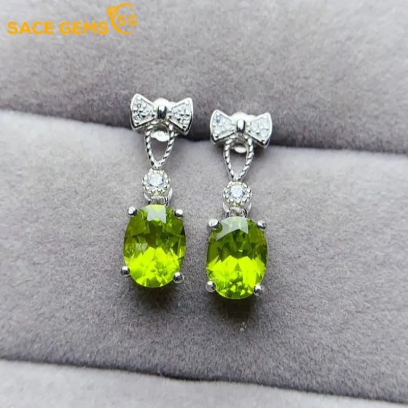 

SACE GEMS Fashion Jewelry Earrings for Women 925 Sterling Silver 6*8MM Natual Peridot Stud Earrings Wedding Party Fine Jewelry