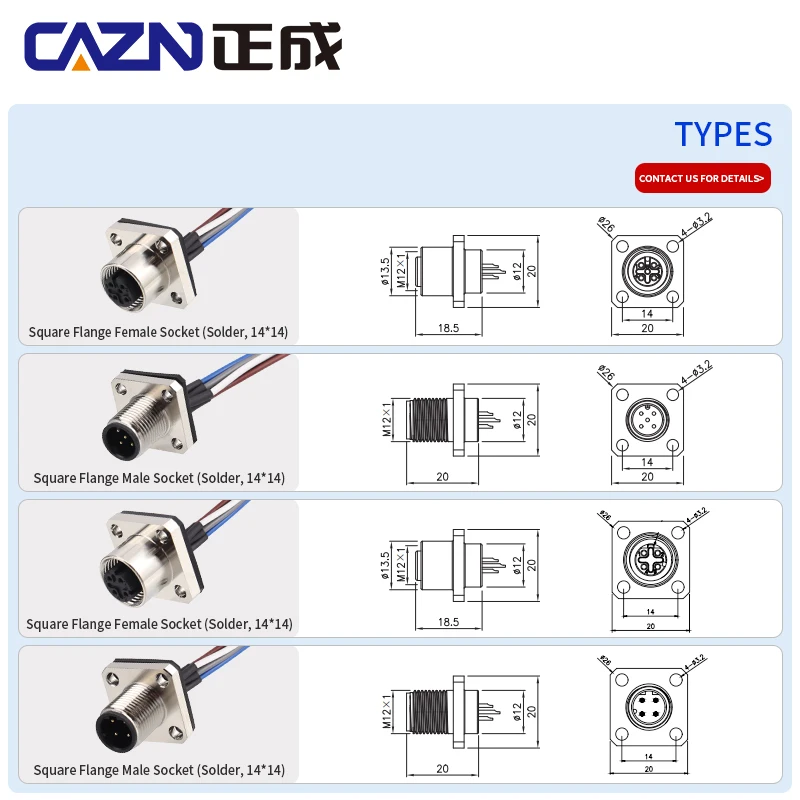 Hot sales M12 square flange connector panel mount front back and rear aviation circular plug 14mm Hole Welding Connectors