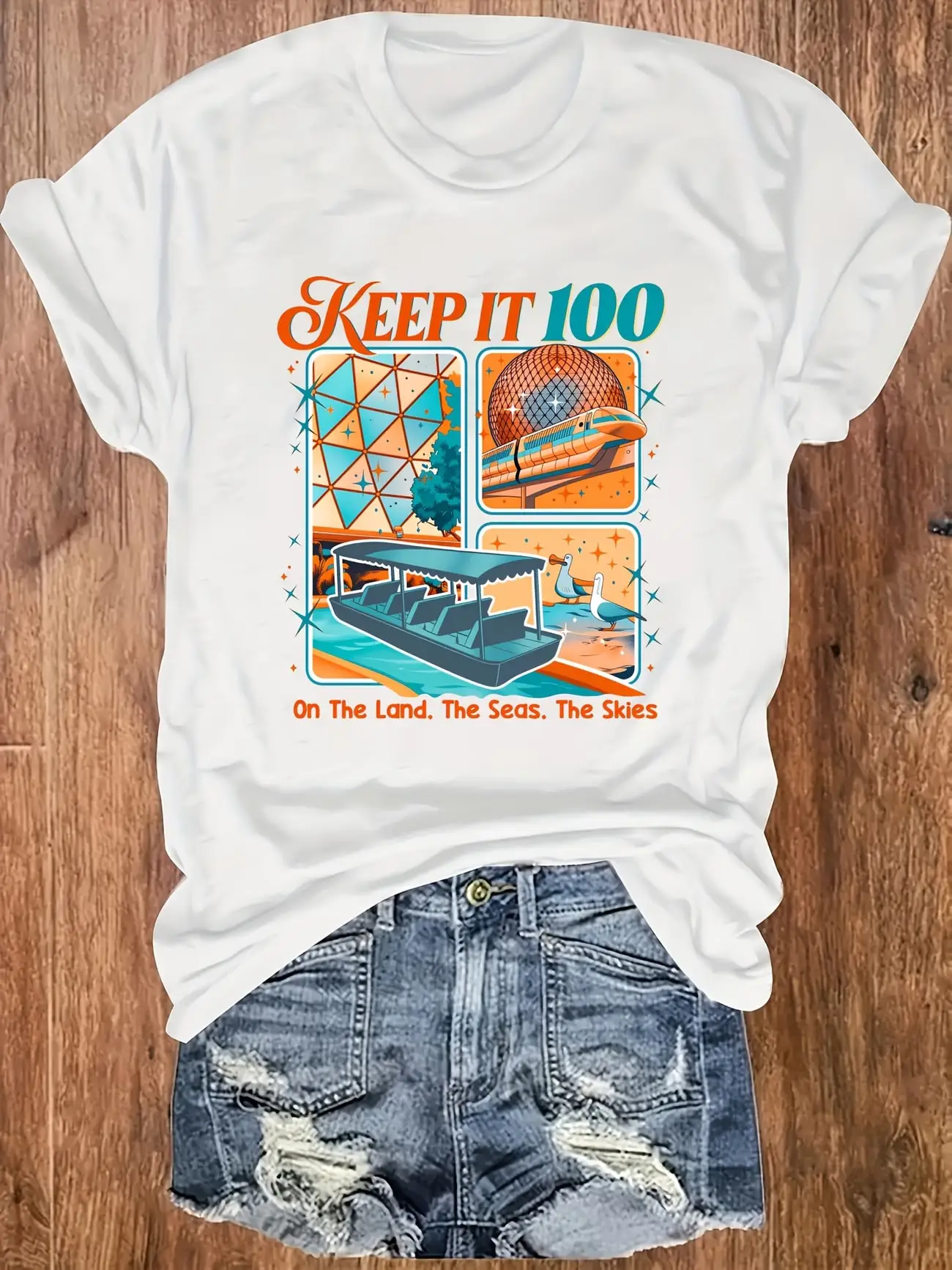 

Plus size women's short sleeve T-shirt Keep It 100 On Land Seas Skies Spring and Summer Essentials summer outfits women's