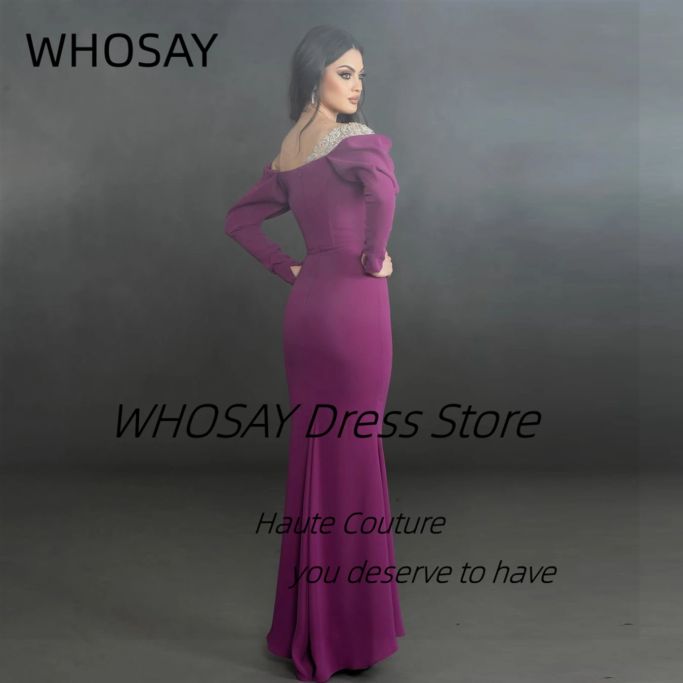 WHOSAY Formal Banquet Women Wear Beaded Off Shoulder Evening Dresses Long Sleeves Zipper Back Wedding Party Prom Gowns