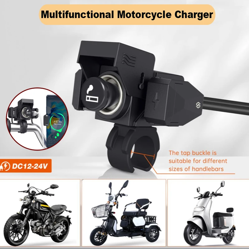 

12V 24V PD QC3.0 Motorcycle Charge Waterproof Handlebar Mounting Charger With Cigarette Lighter 3in1 Motorcycle Battery Charger