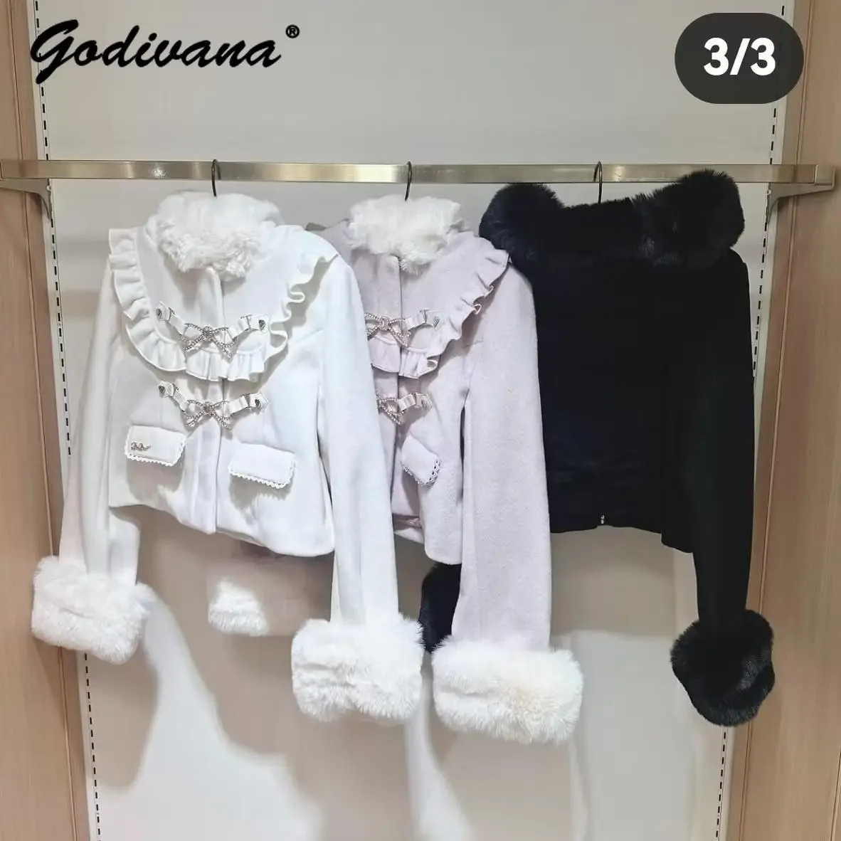 Japanese Mine Plush Detachable Cuffs Hooded Woolen Jacket Liz Autumn and Winter Women's Sweet Cute Fur Collar Short Wool Coat