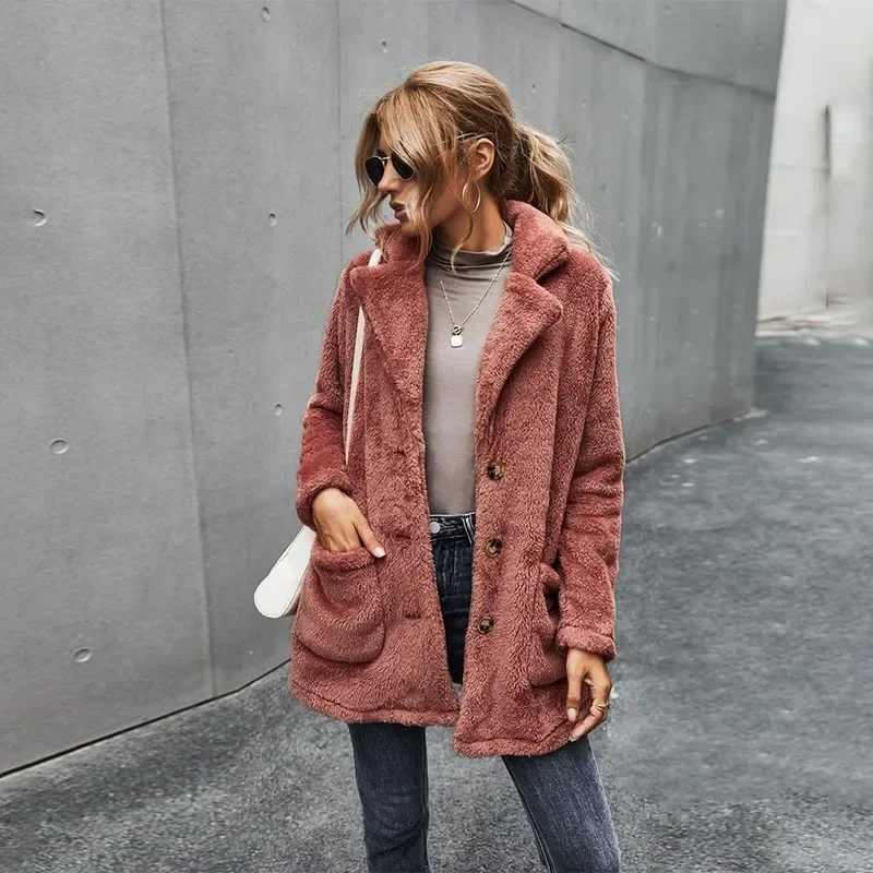 Femme Turn-down Collar Jacket Solid Pockets Coat 2021 Women Thicken Plush Faux Fur Warm Coats Winter Fashion Outdwear Streetwear