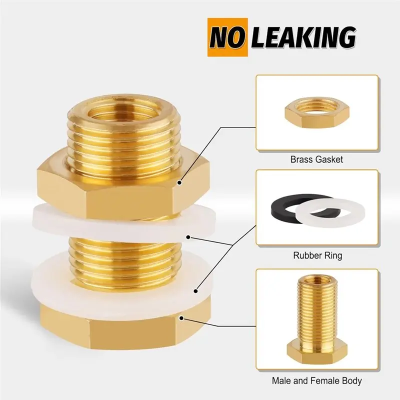 J1UL1N Brass Water Tank Connectors, 2-Pack Solid Brass Bulkhead Fittings- 1/4 NPT Taper Female To 3/4