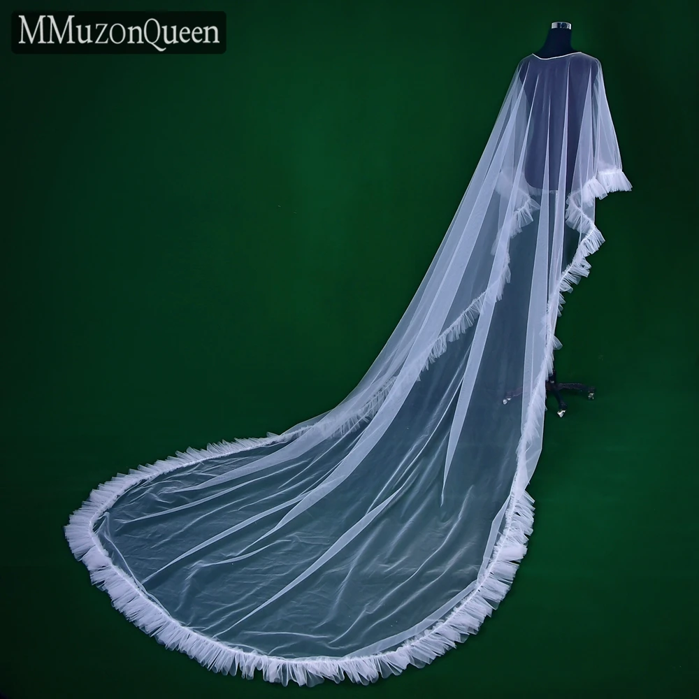 Mmq mg19 elegante catedral casamento xale plissado jaqueta longa nupcial tule capa de ombro para vestido de casamento diy personalizável