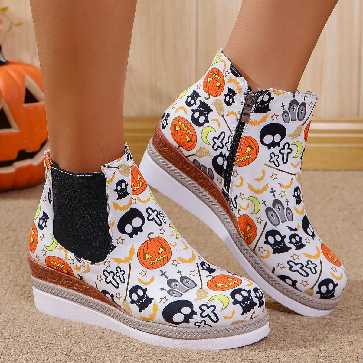 Women Shoes European American Christmas Element Short Boots Women Autumn Winter Printed Side Zipper Short Barrel Leather Boots