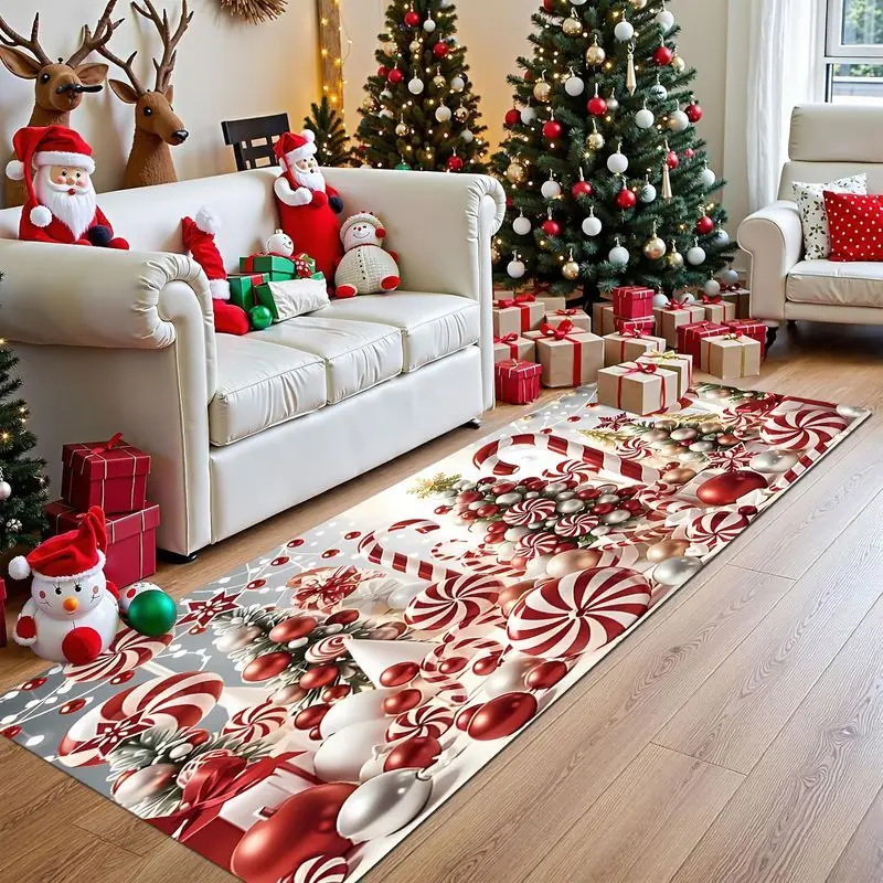 VIKAMA Christmas Runner Rug Candy Cane Peppermint Ball Ornament Print Non Slip Washable Mat Hallway Entryway Winter Decor