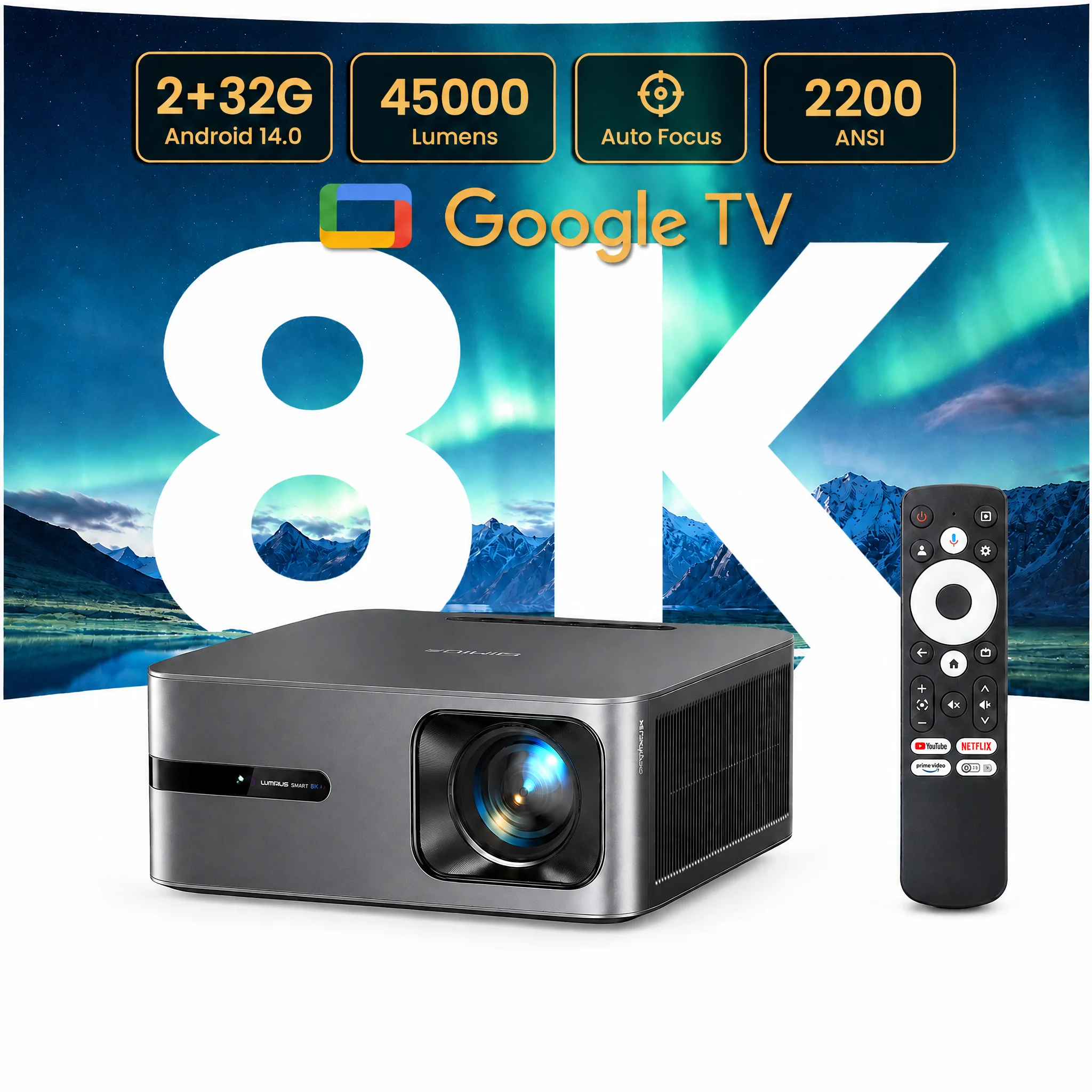 Wimius G2 4K 45000 Lumen Projektor Smart Google Live TV Auto-Fokus Wifi 6 HDR MEMC 2+32G Heimkino-Filmprojektor