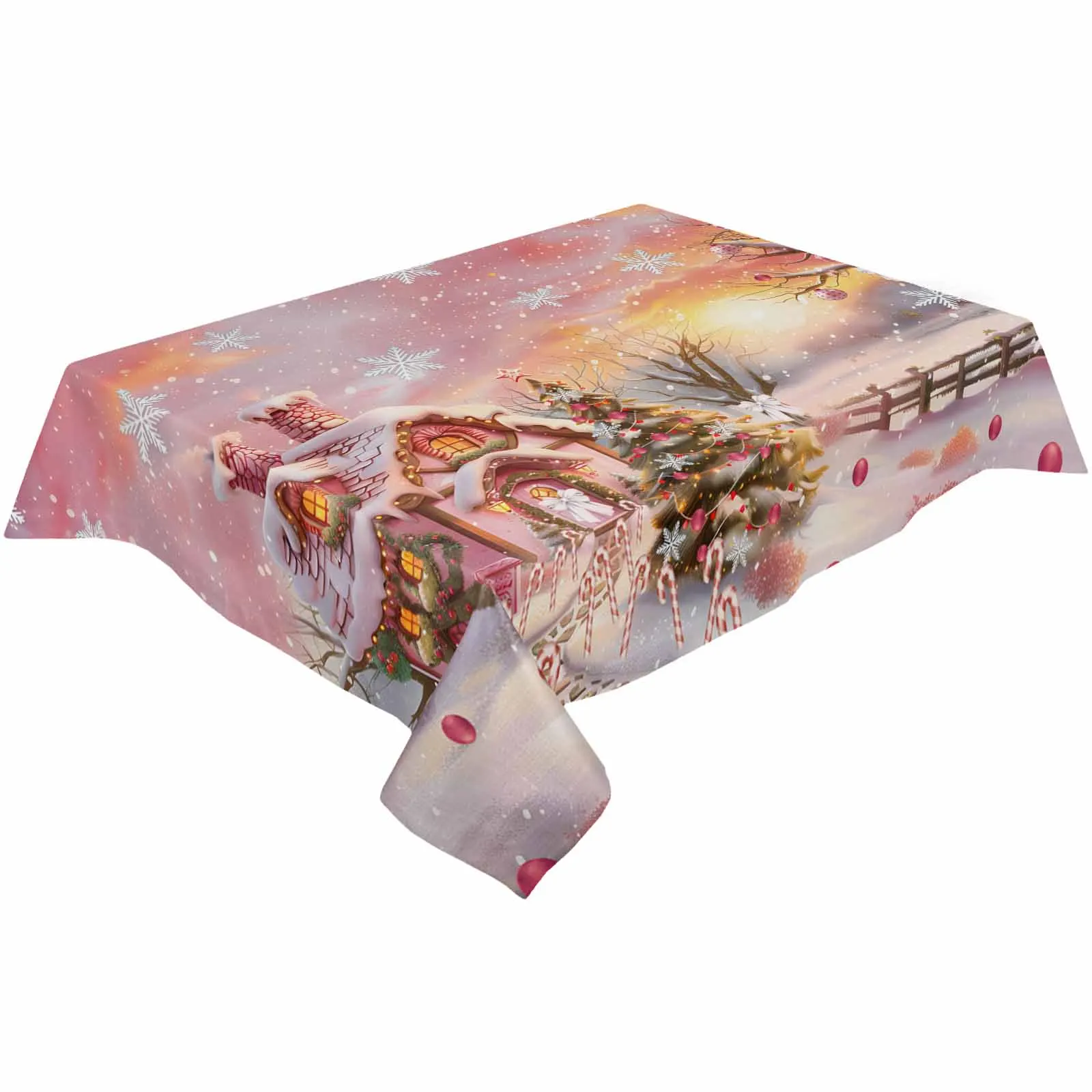 Christmas Candy House Snow View Countryside Tablecloth Waterproof Dining Table Rectangular Round Table Cover Home Kitchen Decor