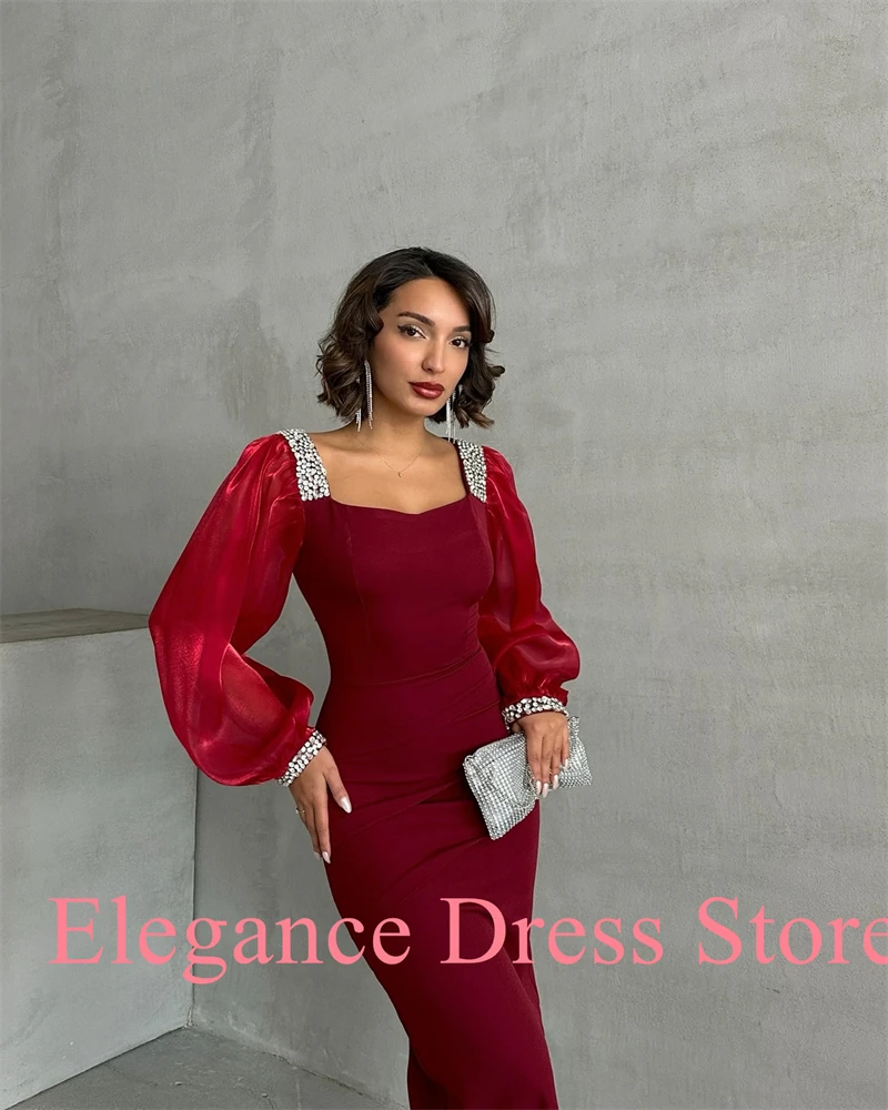 Customized High Quality Square Collar Pleats Crystal Evening Dresses Graceful Long Sleeves Vestido De Festa Vestido De Noche