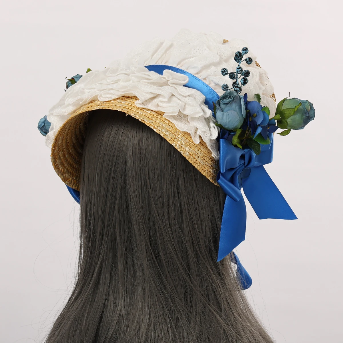 Victorian Bonnet Straw Hat for Women Cosplay Headpiece Flowers Lace Ribbon Flat Cap