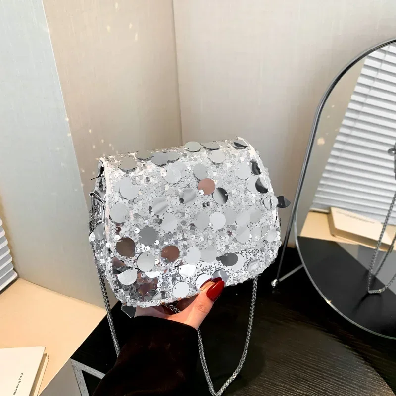 Silver sequined smile bag women's bag light luxury high sense summer shoulder messenger bag