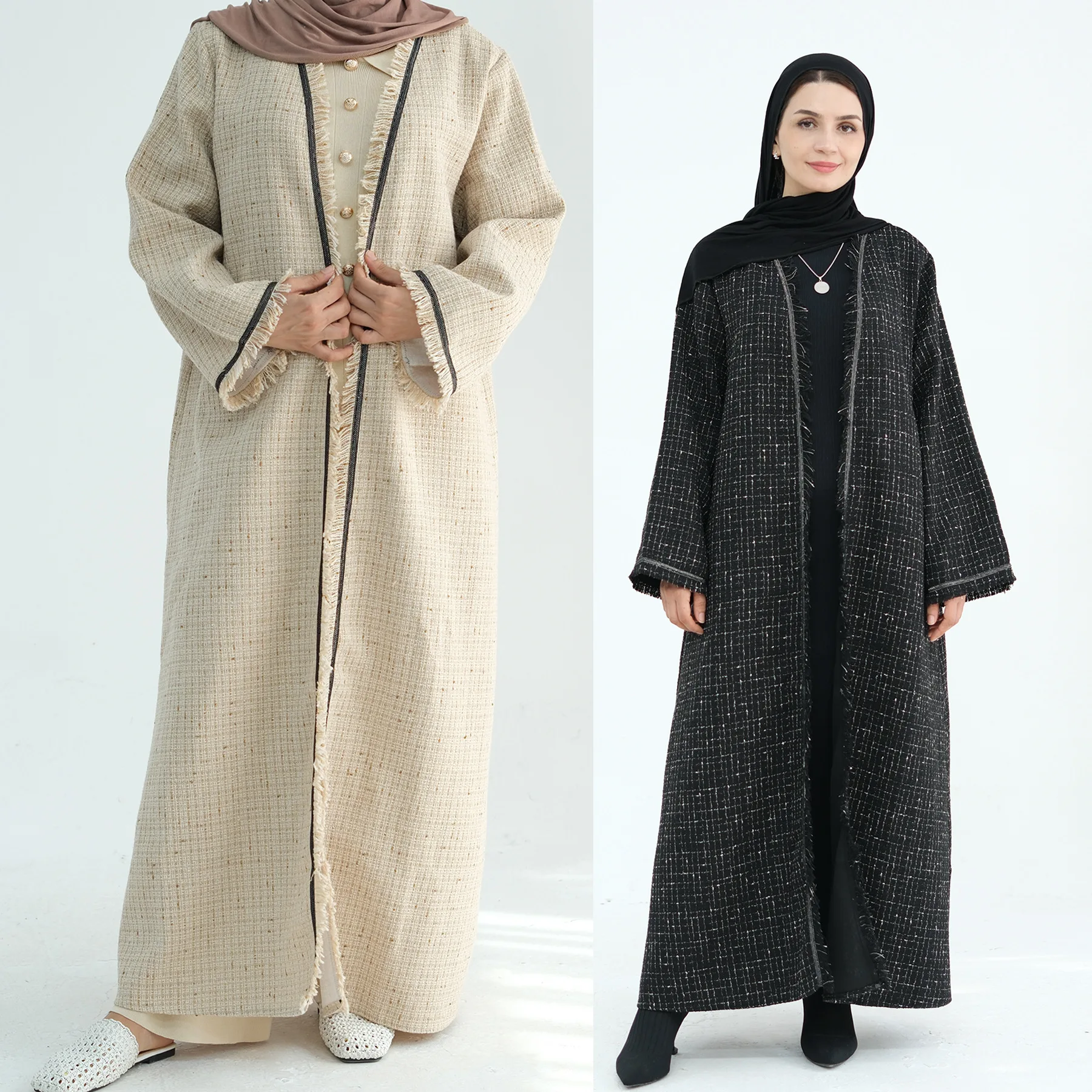 

Wholesale Modest Luxury Dubai Open Abaya Turkey Dress Kimono Tweed Coat Cardigan Tassel Women Muslim Winter Abaya