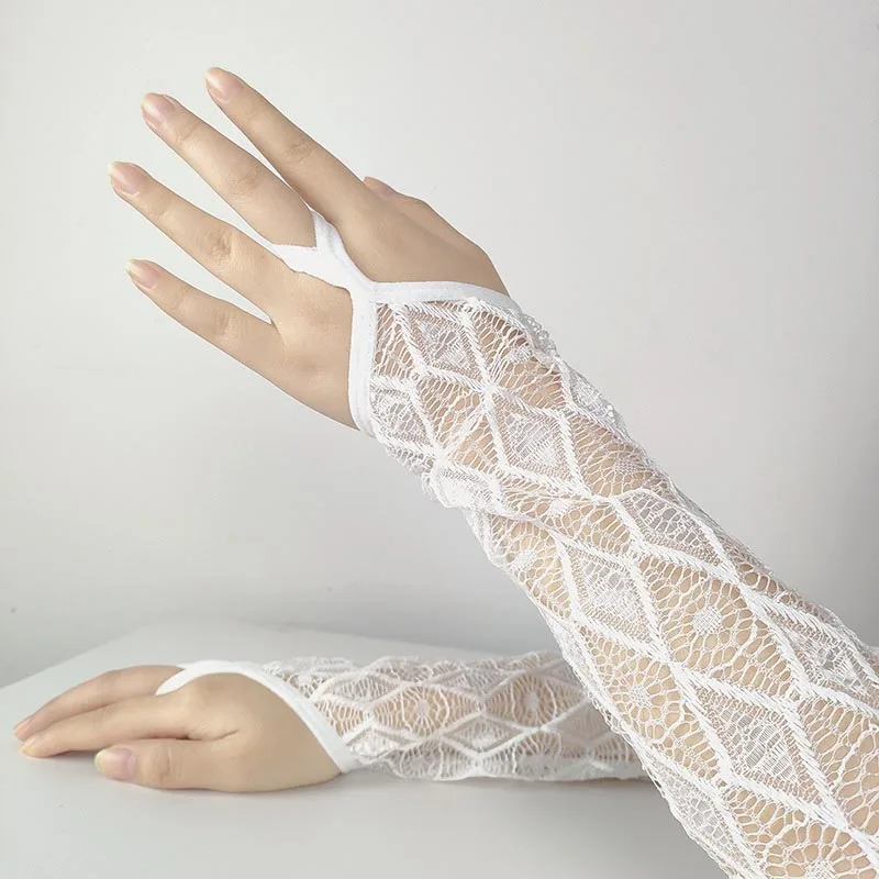 1 par de guantes huecos bordados de encaje blanco para mujer, protección solar, manga fina para el brazo, accesorios sexis para club nocturno,