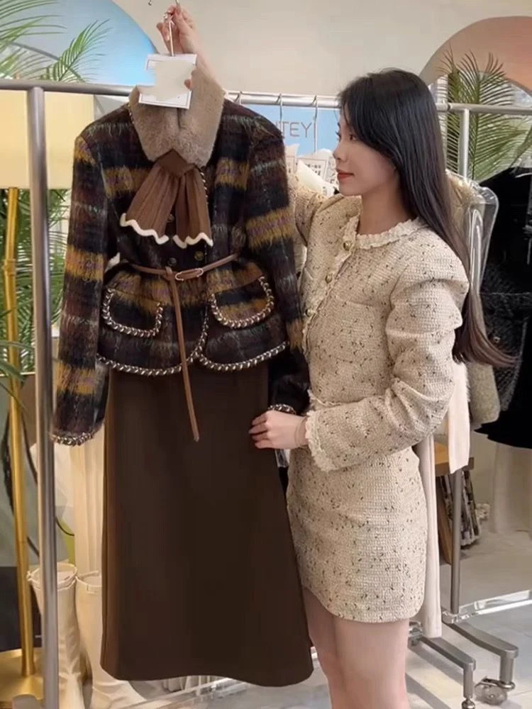 Spring Two Piece Woolen Skirt Suit High Quality Two Piece Set Women Short Jacket Coat + Skirt Suits Korean Sweet Elegant 2 Set