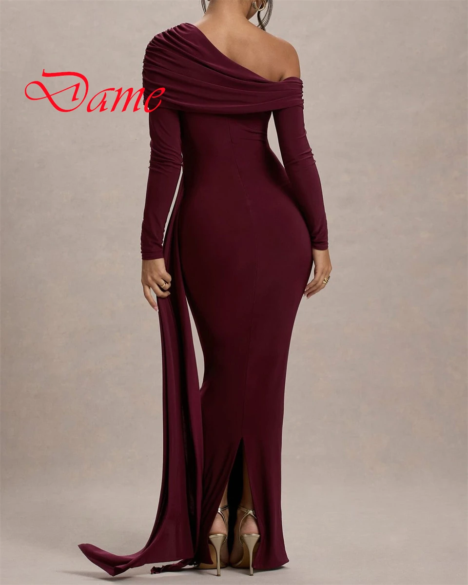 Customized Exquisite Burgundy Jersey Evening Dress Classic Strapless Off the Shoulder Long Sleeves  Mermaid Cocktail Dress