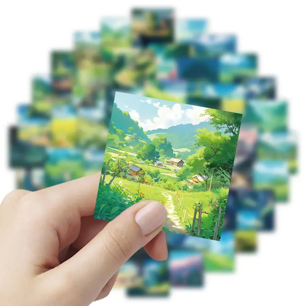 10/63pcs Anime Cartoon Street View Landscape Stickers Green Healing Aesthetic Decals DIY Scrapbook Phone Laptop Sticker Toy