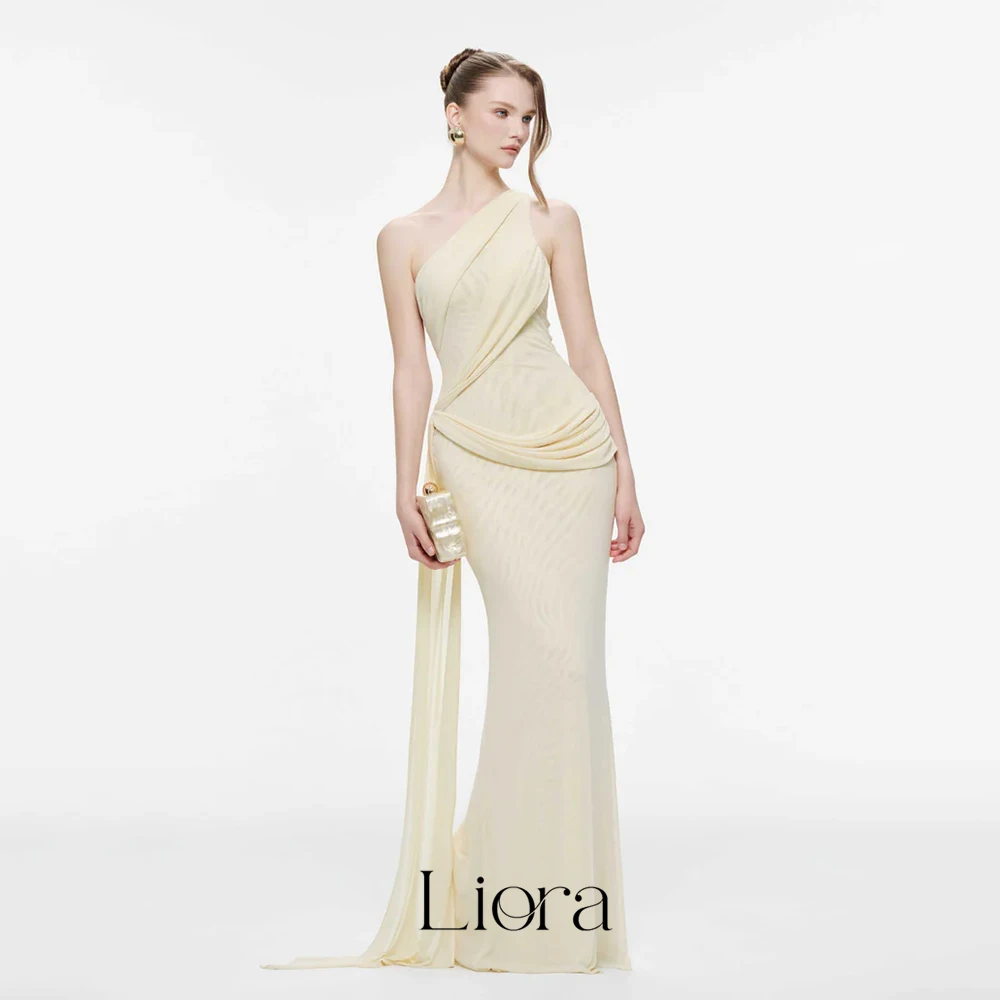 Liora Customized One Shoulder Mermaid Bridesmaid Dress Draped Waist Side Sash Floor Length Formal Wedding Gown