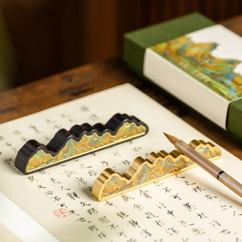 Solid Brass Paperweight with Pen Rest Landscape Pattern Calligraphy Chinese Painting Desk Decoration Gift Rosewood Paper Weight