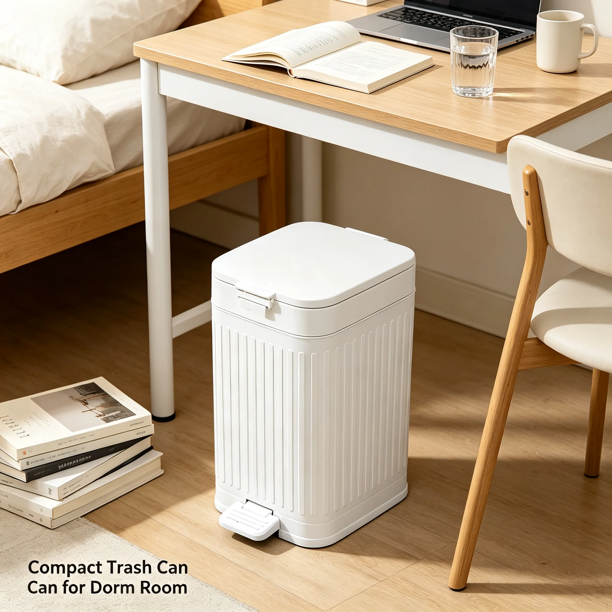 Apartment Dorm Essential Square Pedal Trash Can, Vertical Ribbed Matte Plastic Waste Bin with Bag Fixing Rim, Dual Foot & Press Lid, Odor Blocking Household Garbage Bin for Bedroom, Bathroom & Home Office