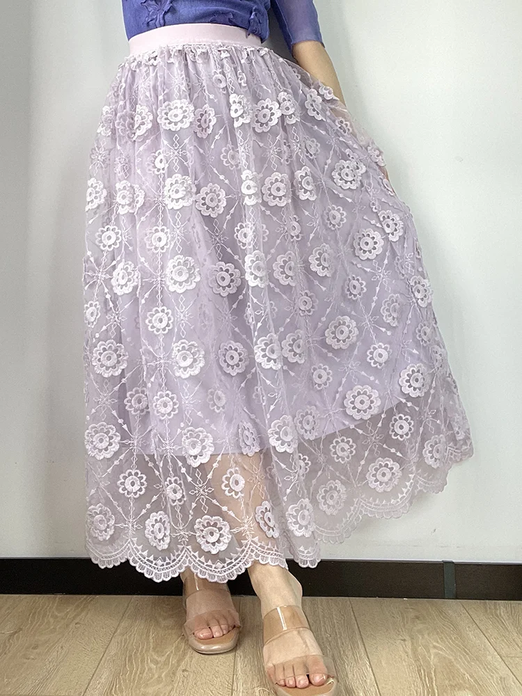 JIAMI Hollow Embroidery Floral Vintage Skirt High Quality Elegant A-Line Skirt 2024 New in Spring/Summer Women Clothes