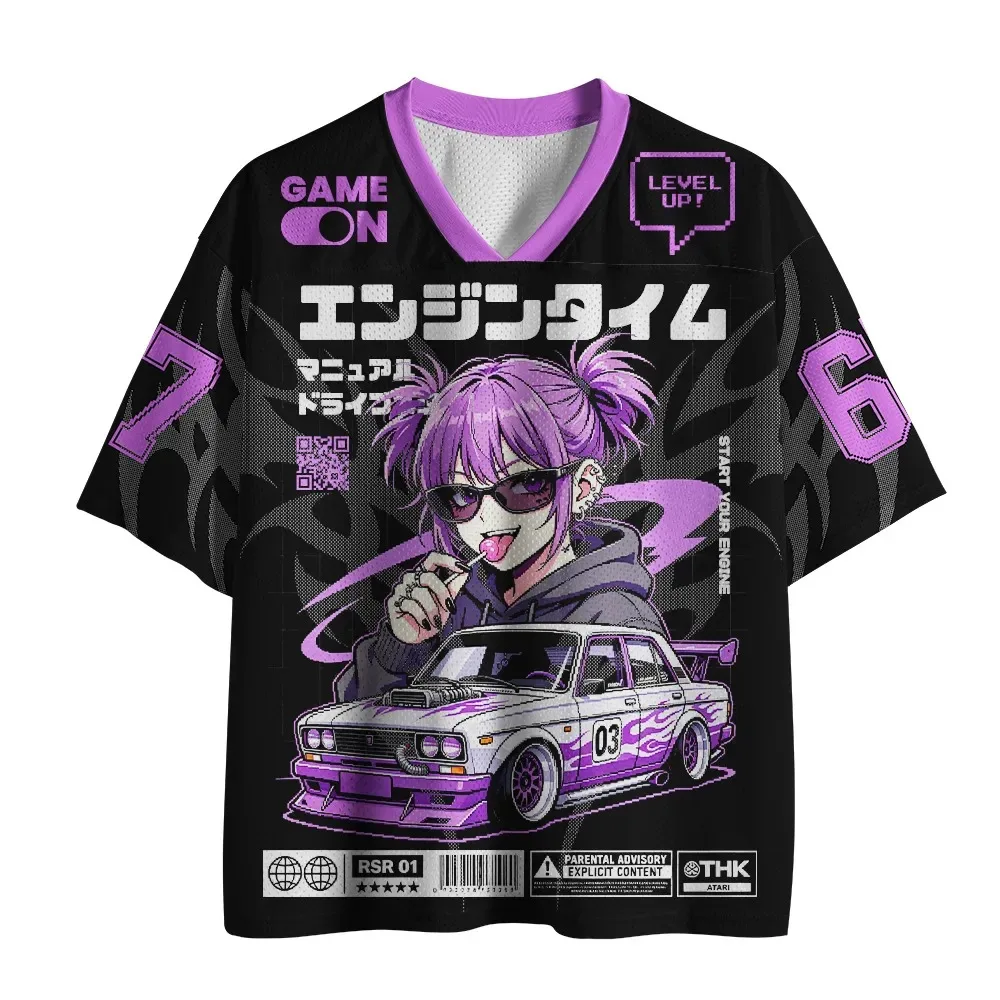JDM Anime Race Queen Mesh-Style Short-Sleeve V-Neck T-Shirt — Purple Retro Drift Racing Theme, Casual Streetwear Style.
