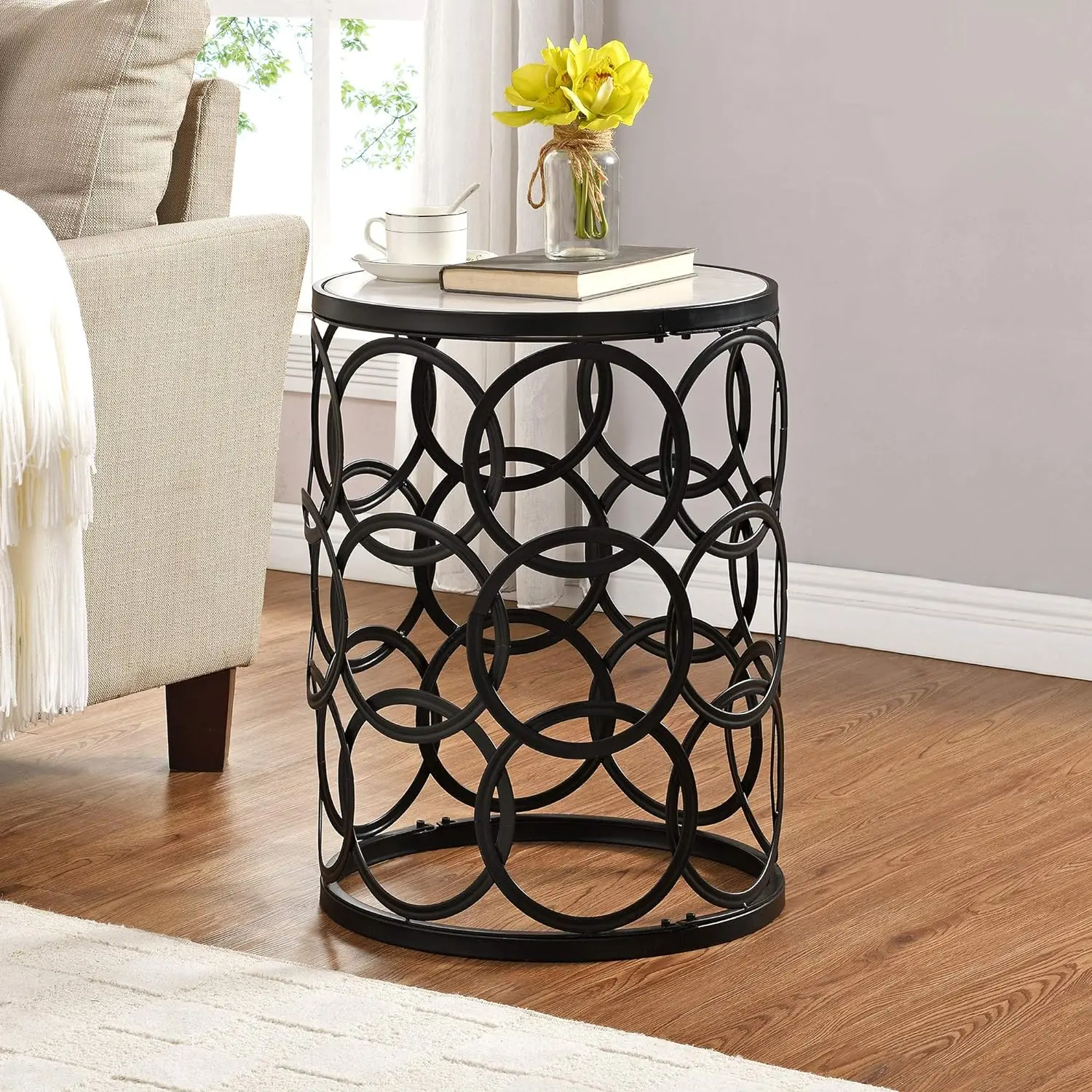 

Black Interlocking Circles Marblized Table, American Designed, Black, 16.75 x 16.75 x 22 inches