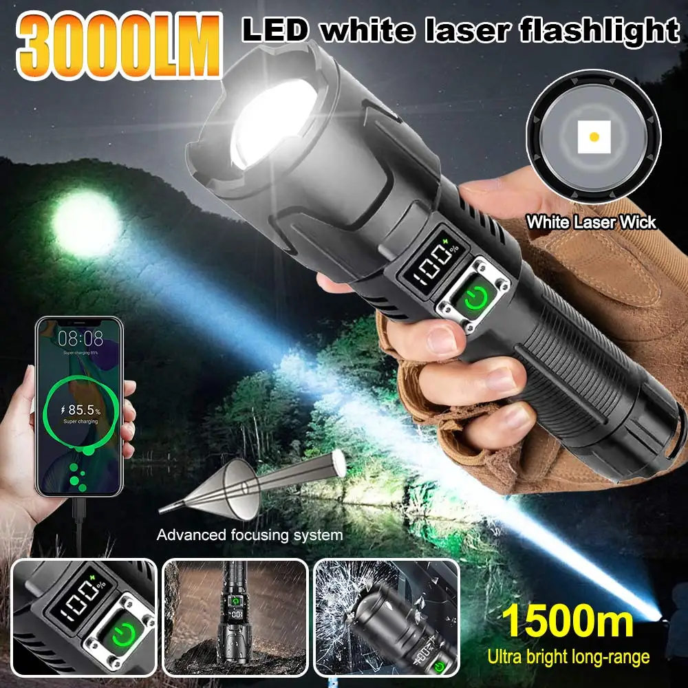 

30W Super bright LED White Laser Flashlight USB Rechargeable Flash Light 26650 Flashlights Tactical Lantern Long Shot Torch