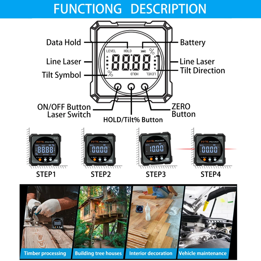 Laser Digital Protractor Inclinometer Protractor Laser USB Inclinometer Level Angle Finder Goniometer Magnet Tilt Measuring Tool