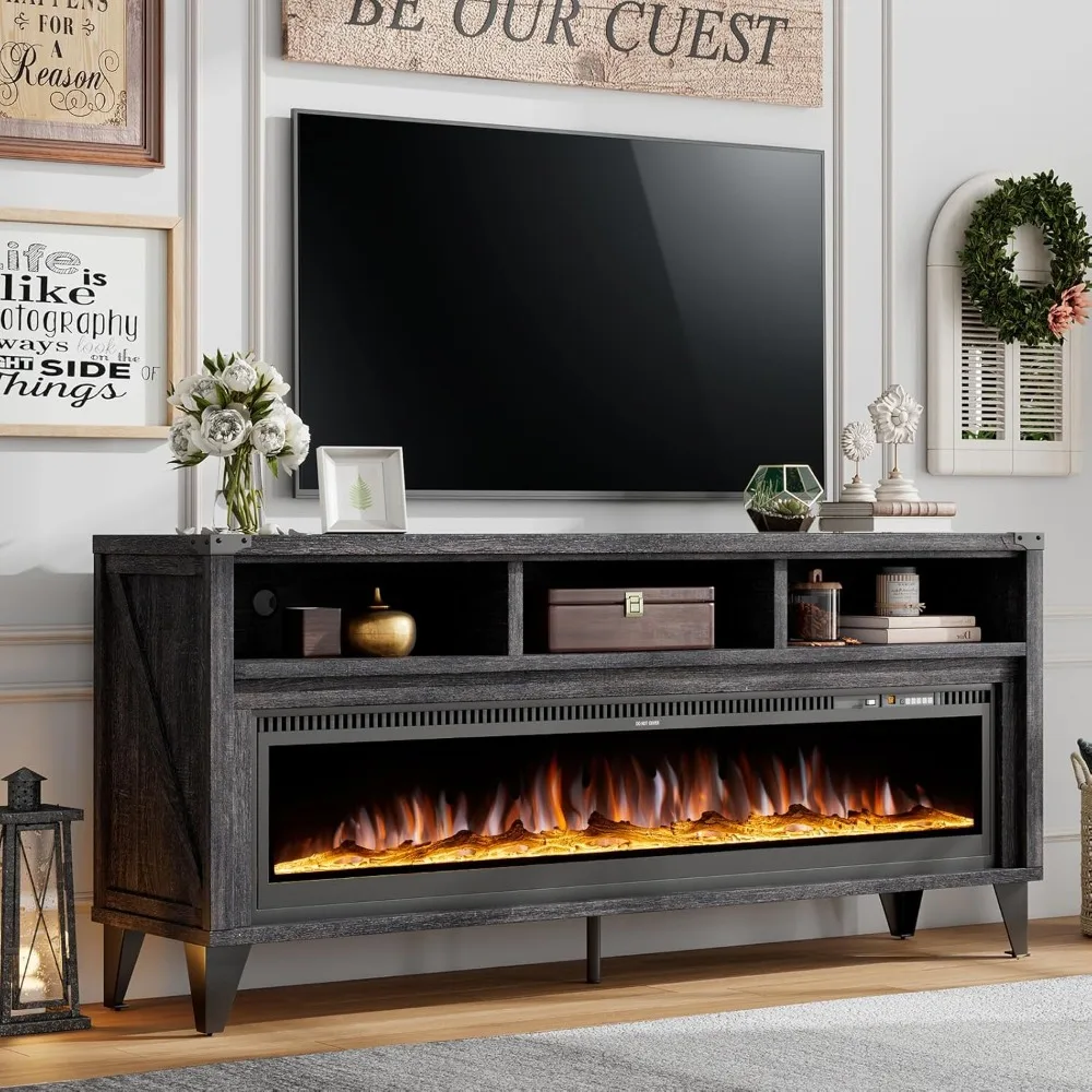 Fireplace TV cabinets, industrial and farmhouse media entertainment centers with open shelf storage for TVs up to 75 inches