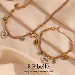 E.B.belle Septum Bead Turquoise Eye Necklace for Women Bracelet Tarnish Free 316L Stainless Steel 18K Gold Plated Jewelry Set