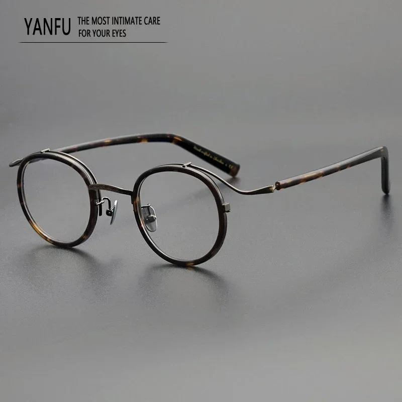 Pure Titanium Tortoise Artistic Vintage Round Glasses Frames Light Retro Optical Eyewear Reading for Women Men Eyeglasses Myopia