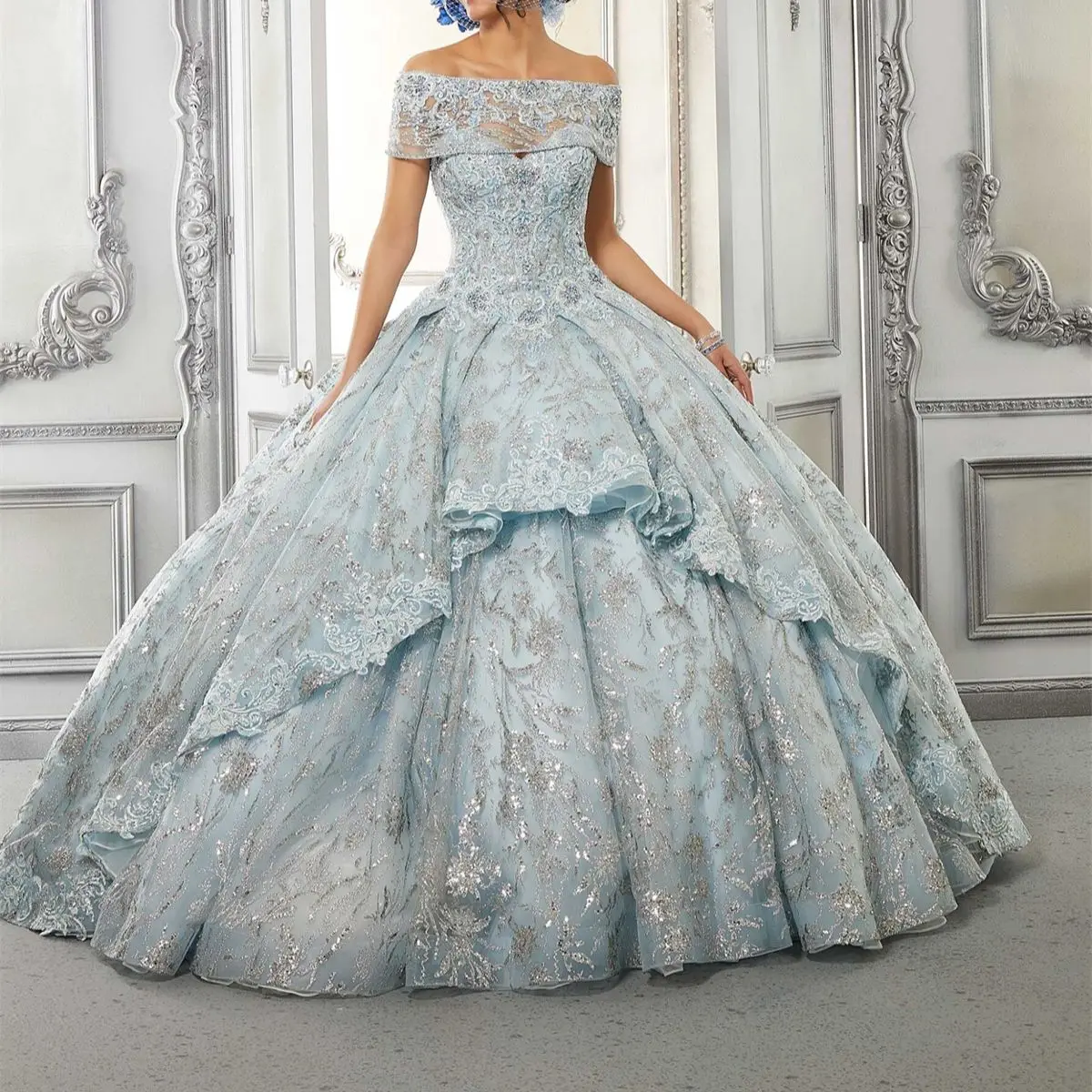 

Quinceanera Dress Bandeau Champagne Blue Gray Sequin Lace Ball Three Piece Set Detachable Elegant فساتين للحفلات الراقصة