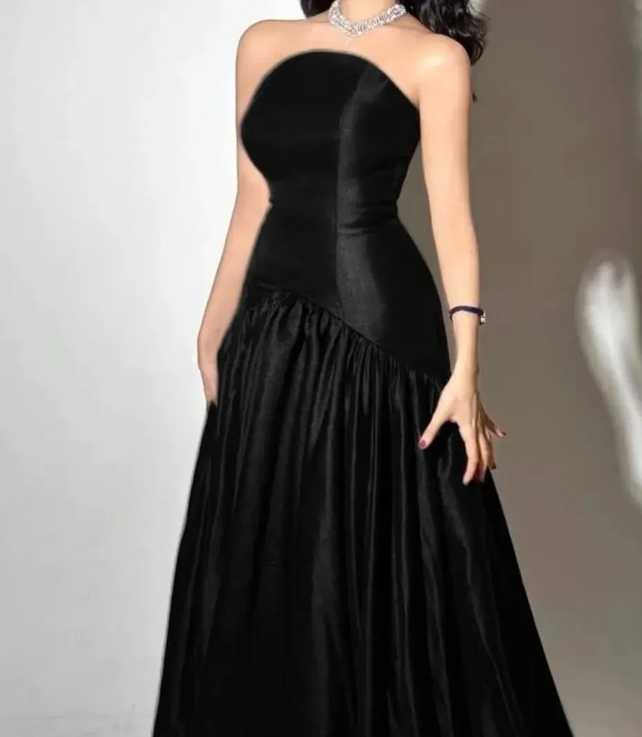 Elegante preto vestido formal de noite sem alças rendas até o chão cetim baile de formatura pageant vestidos de aniversário robe de soiree
