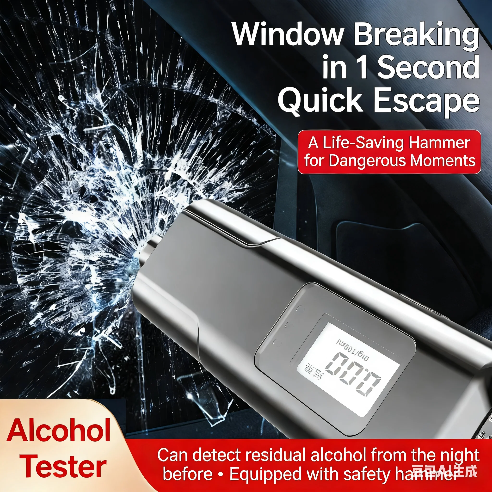 Portable breathalyzer with safety hammer, accurate and fast. Safe self-check and screening after consuming alcohol.
