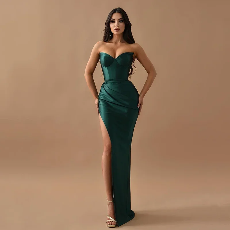 

Vinca Sunny Dark Green V-Neck Mermaid Prom Dresses Side Slit Satin Off Shoulder Evening Dress Night Cocktail Party Prom Gowns