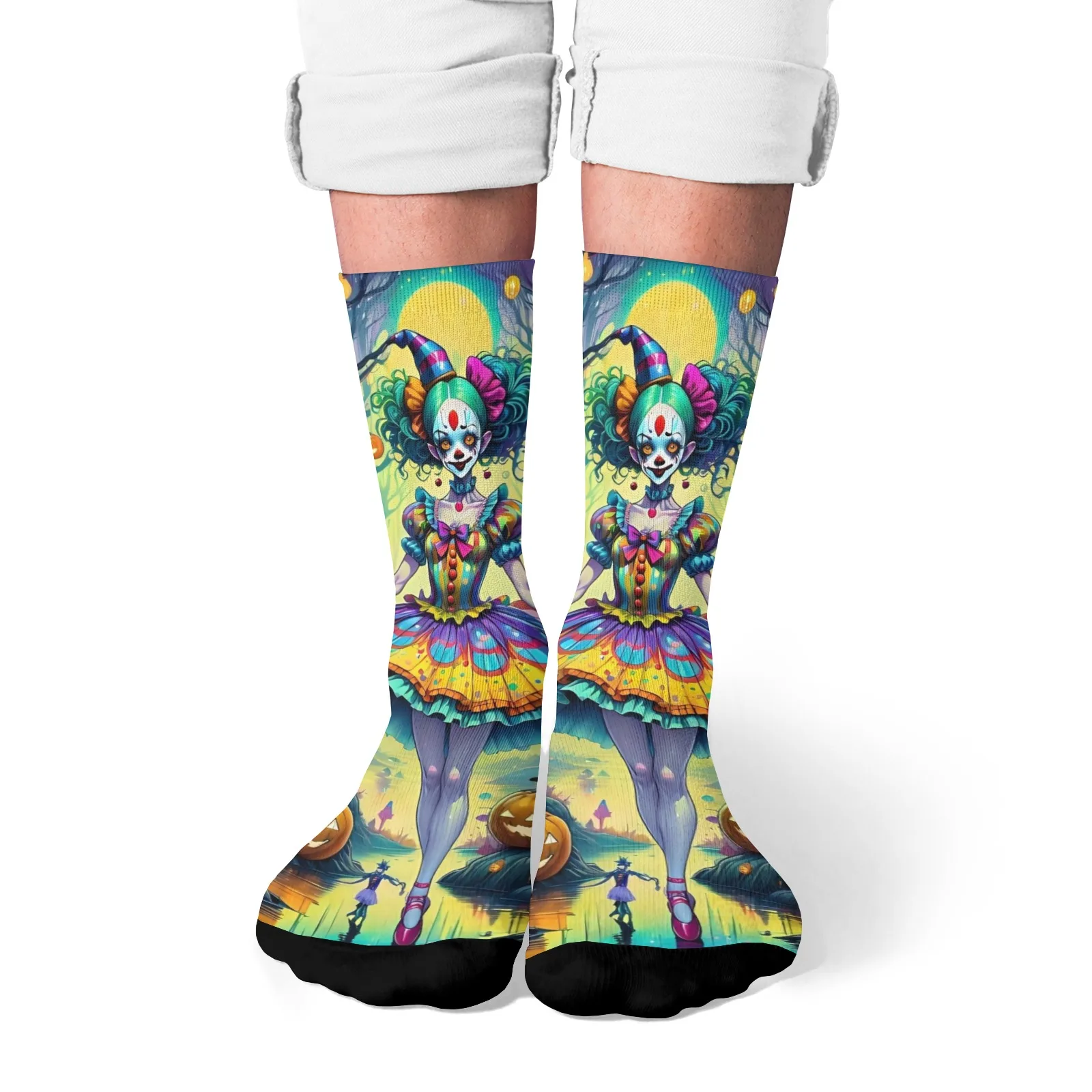 

Novelty Horror Carnival Clown Print Crew Socks - Unisex Soft Comfortable Colorful Breathable for Halloween Daily Wear & Gift